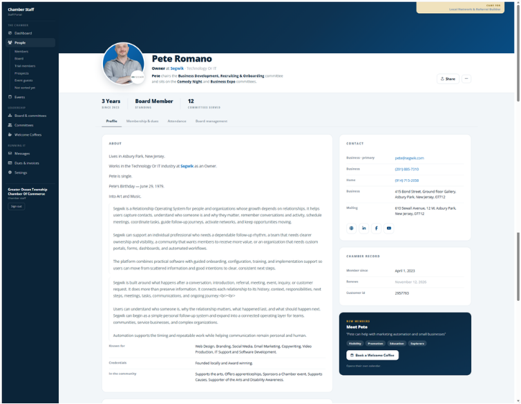 A member record in the chamber staff portal